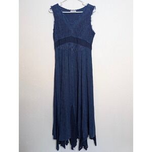 Encounter Blue Textured Lace Trimmed‎ Midi Dress One Size Boho Renaissance Fairy
